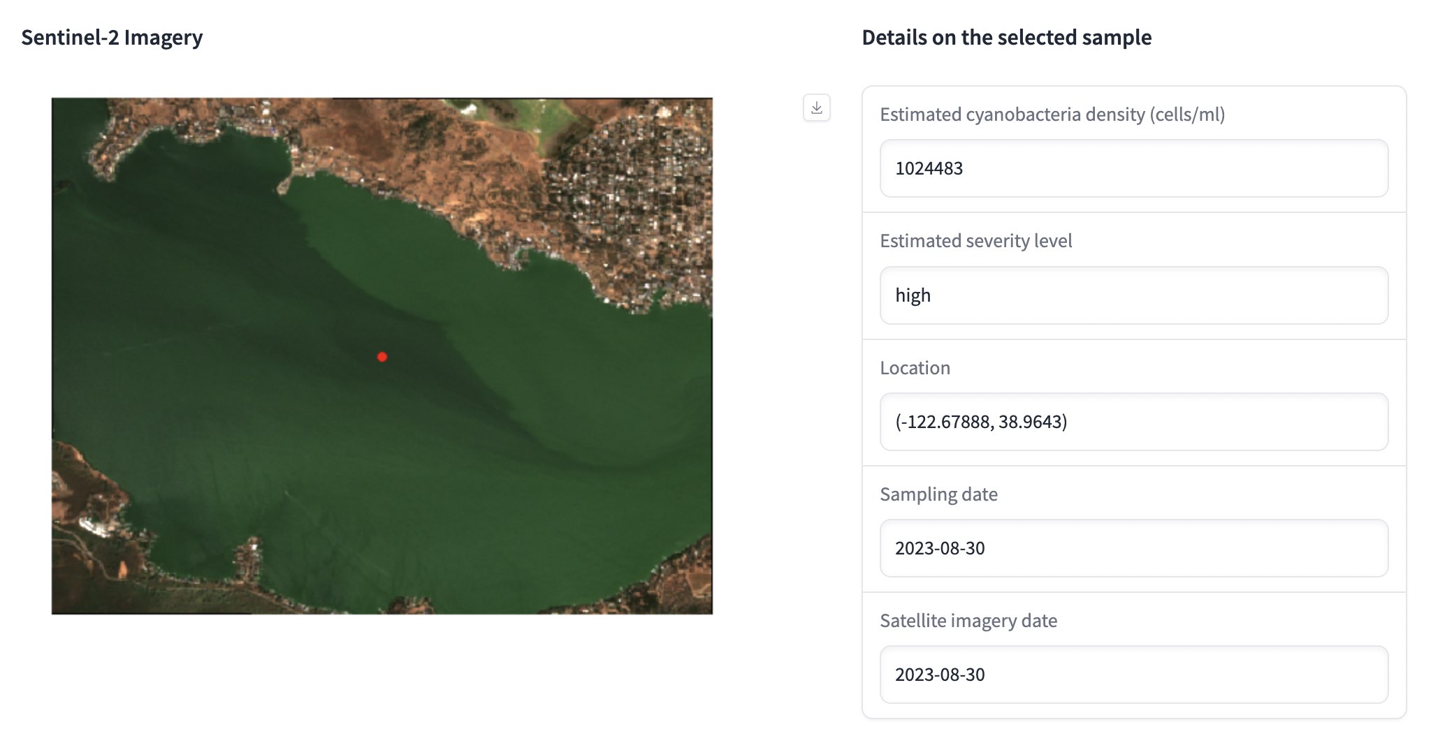 Screenshot of CyFi Explorer showing an image of a mostly green lake with a red dot in the middle on the left and a table with sampling point details on the right.