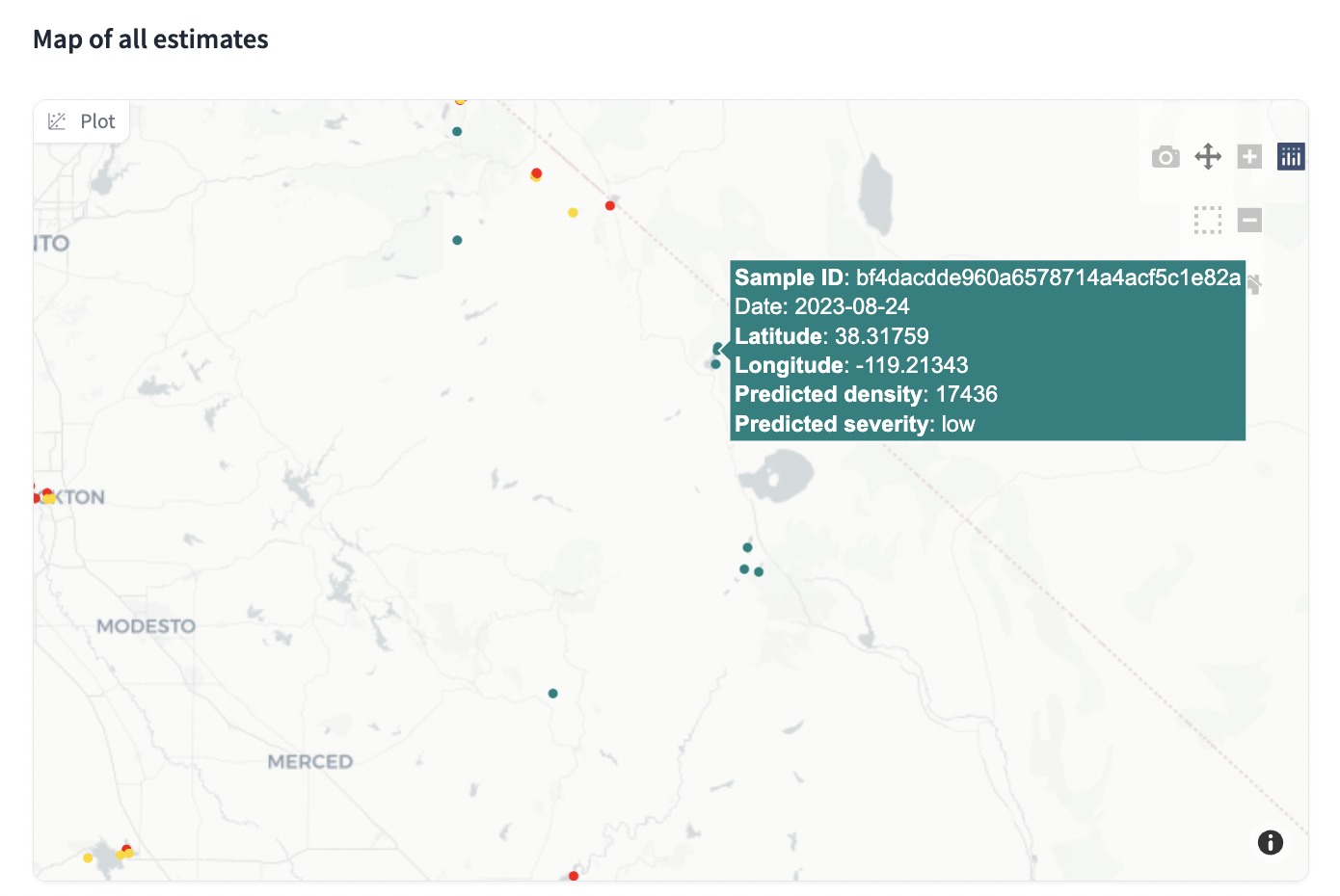 Screenshot of CyFi explorer showing a couple colored points on a map along with a hoverover pop up.